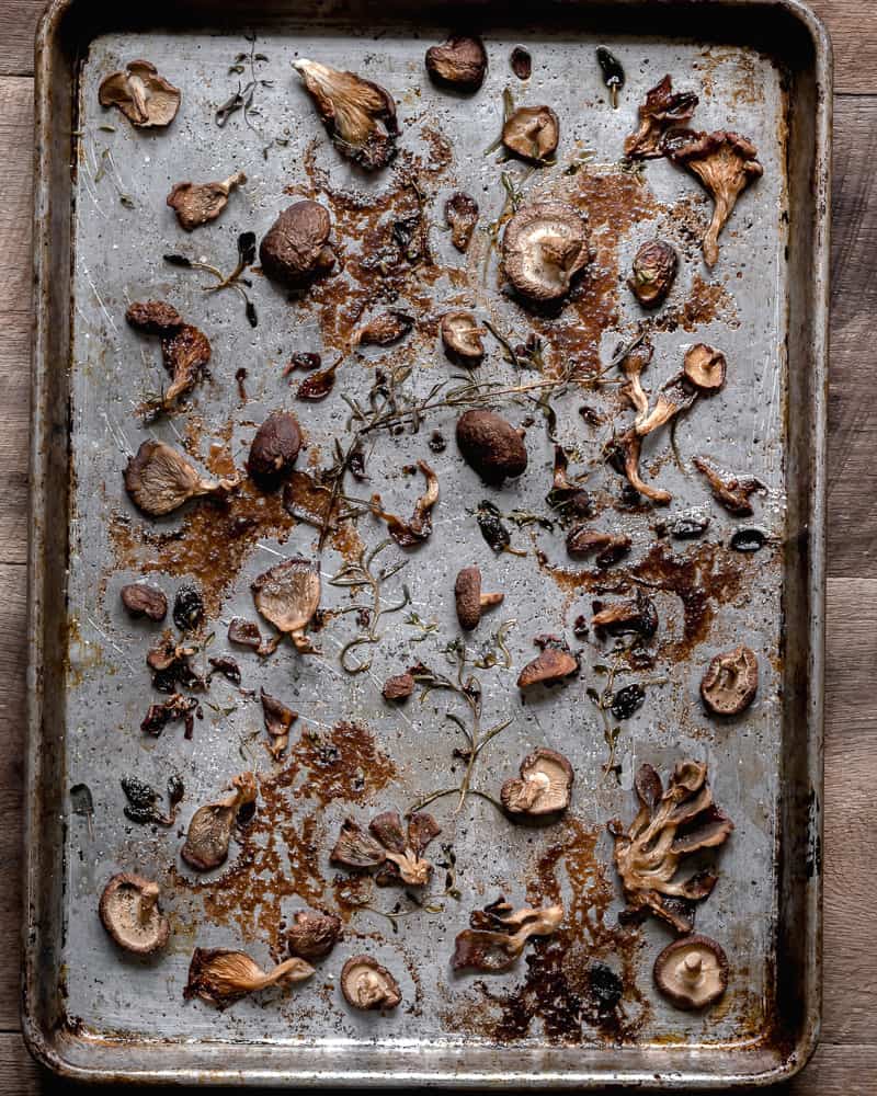 roasted mushrooms on baking tray