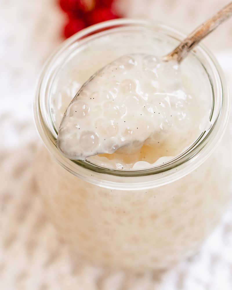 close up of tapioca pudding with spoon