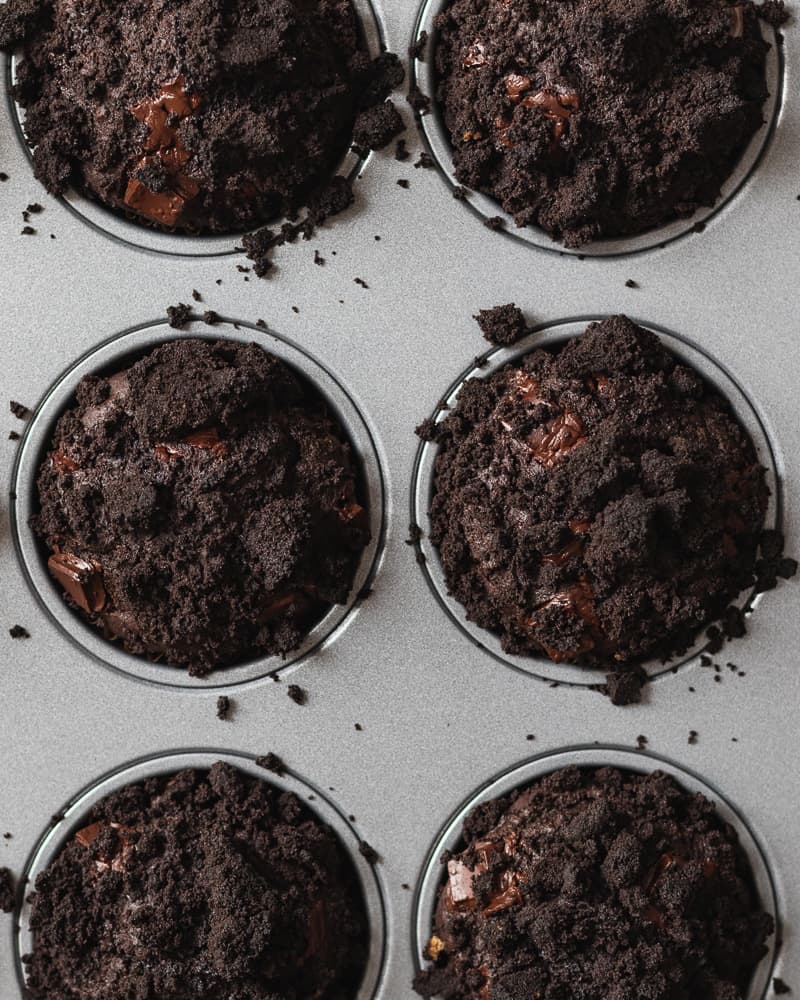 dark chocolate olive oil muffins close up in pan