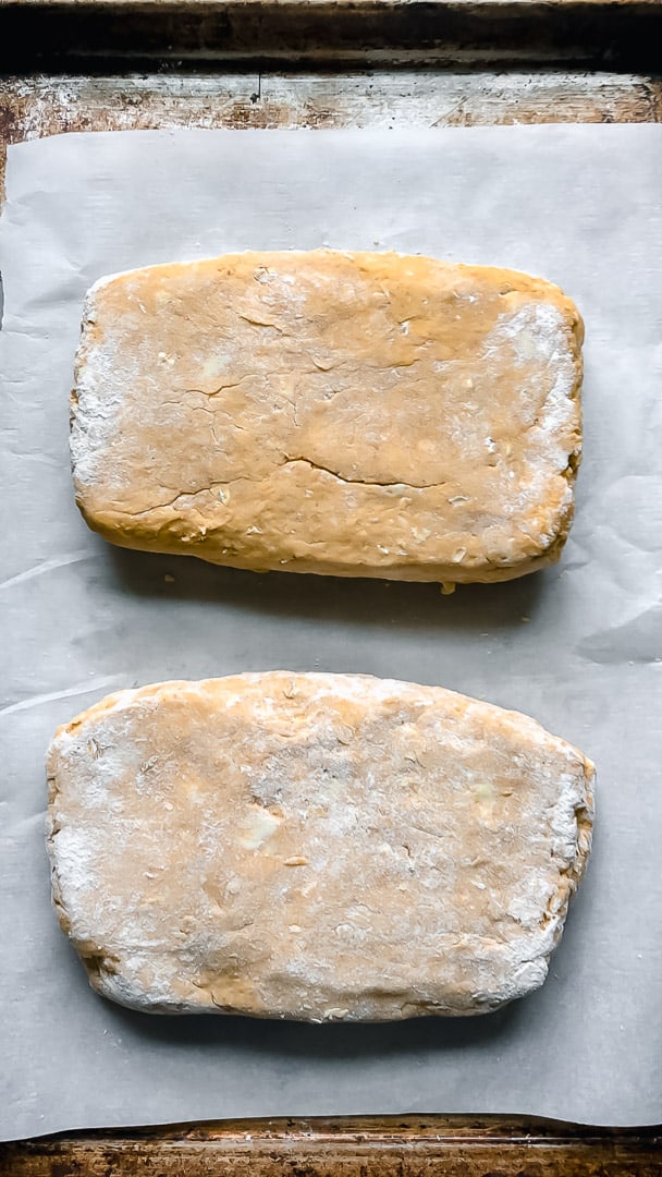 scone dough placed on parchment before freezing