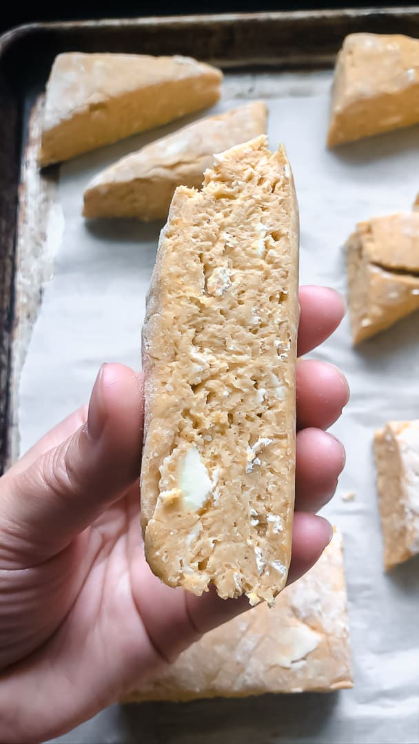 side view of sliced scone before baking