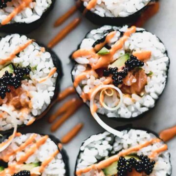 close up of spicy salmon rolls