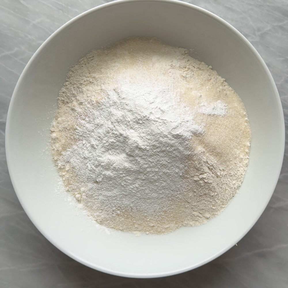 dry ingredients in white mixing bowl