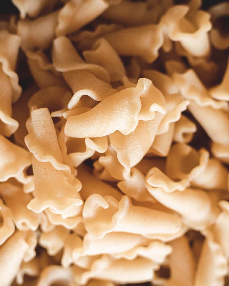 close up of dry, uncooked campanelle pasta