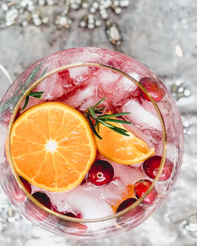 overhead view of cranberry cocktail 