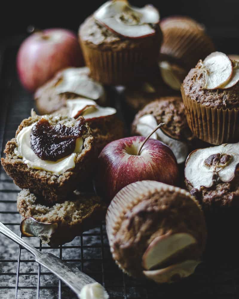 Pile of Apple Butter Muffins on wire rack