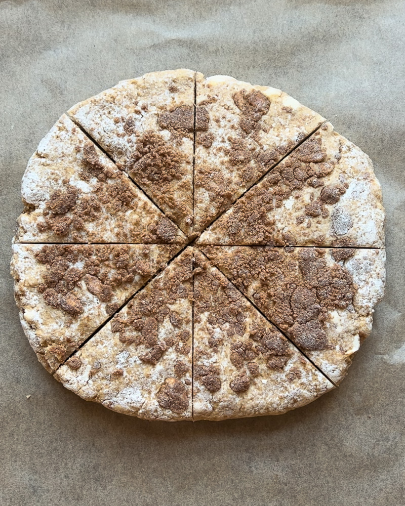 scone dough pressed and shaped into a circle and divided into 8 wedges