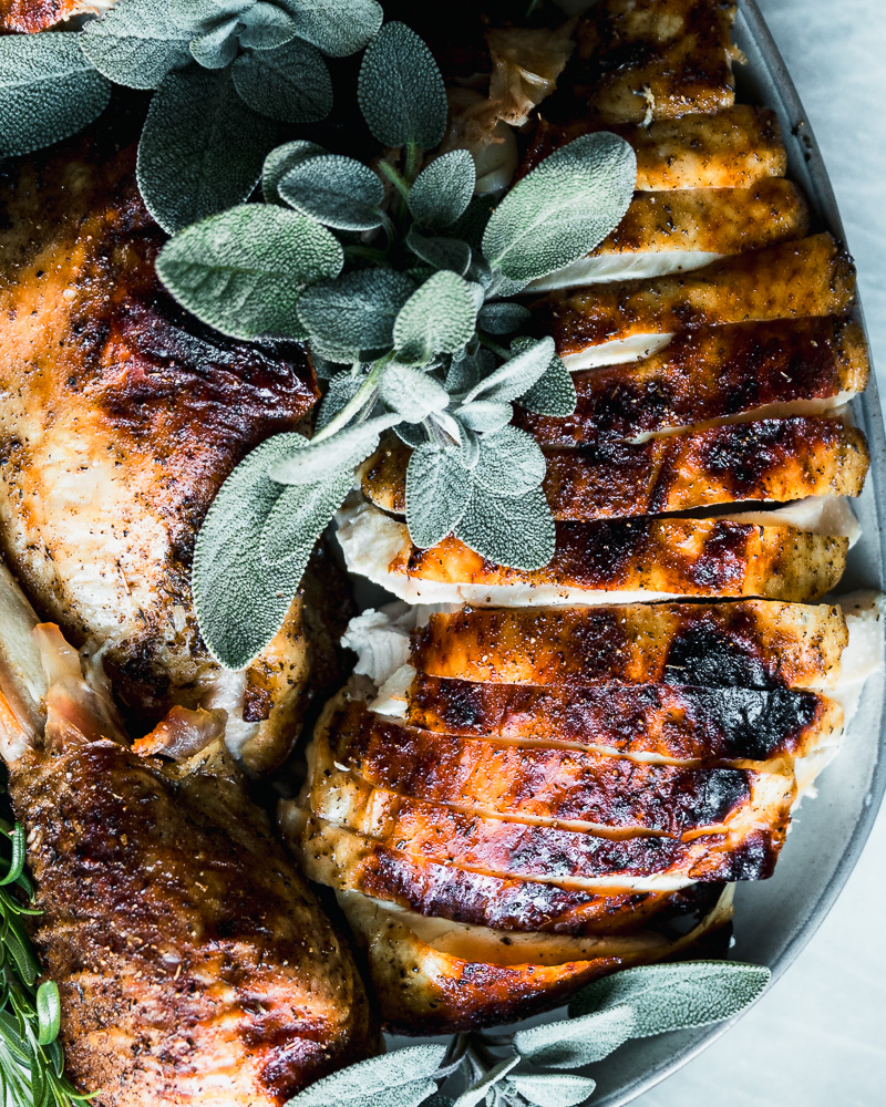 close up of sliced turkey on platter