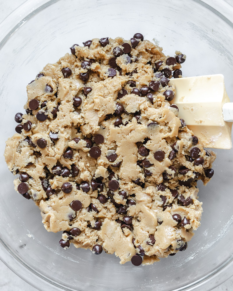 cookie dough completely mixed in glass bowl