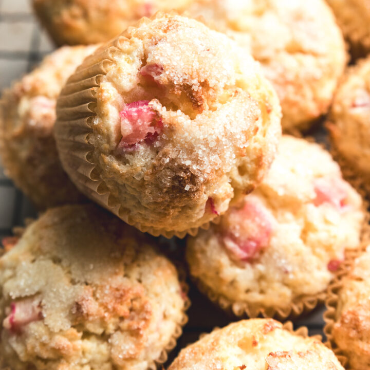 sour cream rhubarb muffins on cooling rack