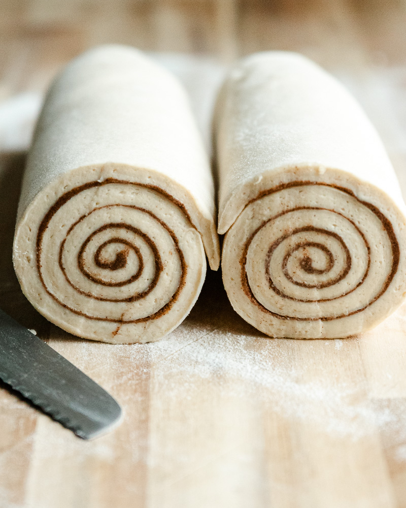 cross section of log of cinnamon roll dough