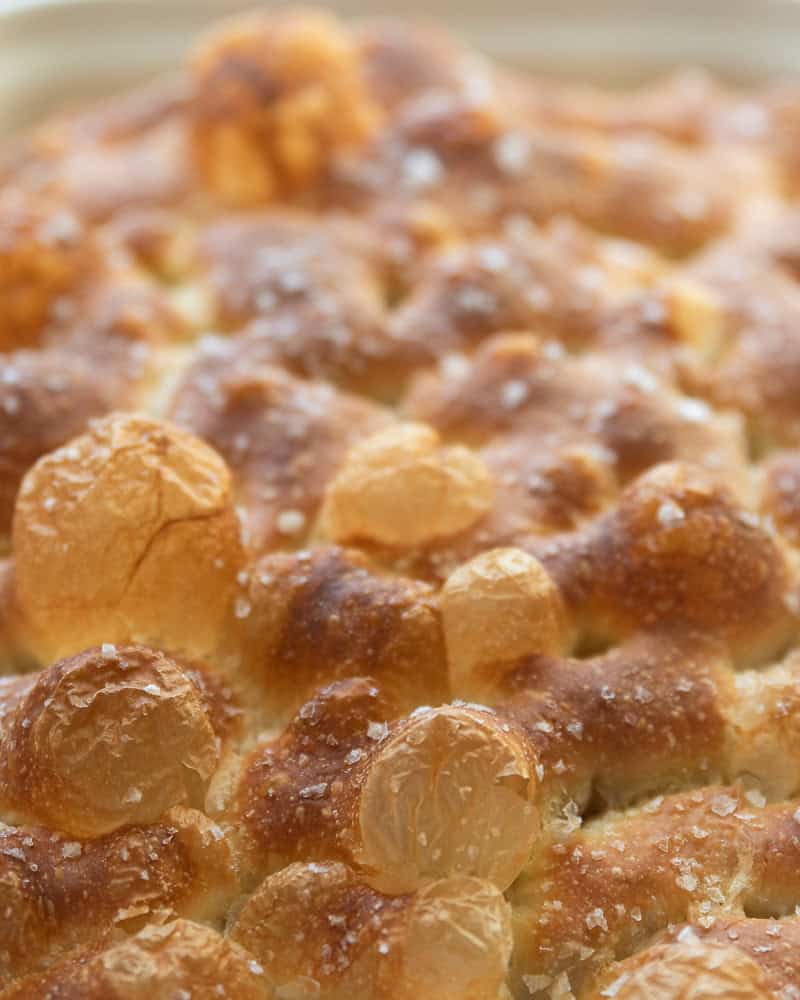 golden brown bubbly sourdough discard focaccia topped with sea salt