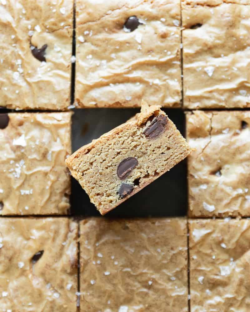 sliced blondies with one square flipped on its side