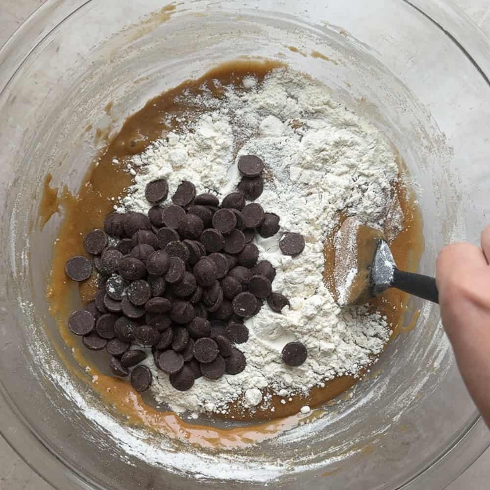 dry ingredients and chocolate chips added to mixing bowl