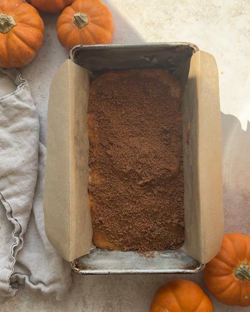 one third of batter placed into loaf pan and topped with cinnamon sugar.