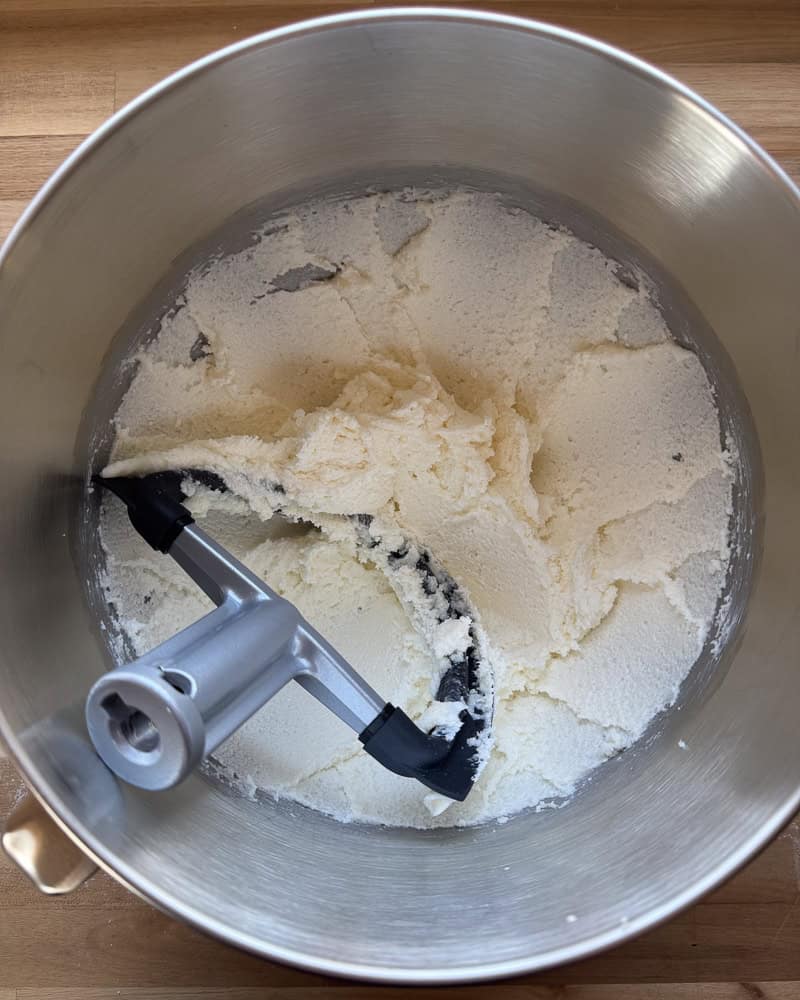 butter and sugar creamed in stand mixer with paddle attachment