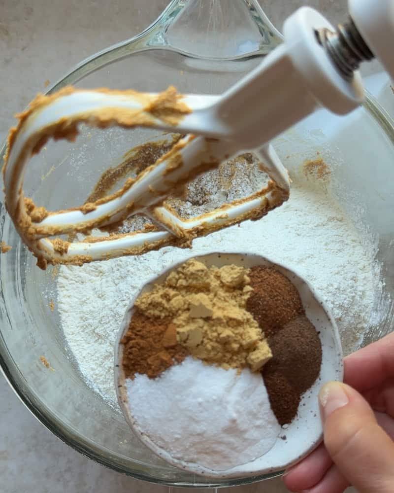spices, slat, and baking soda on a small plate being added to bowl of stand mixer