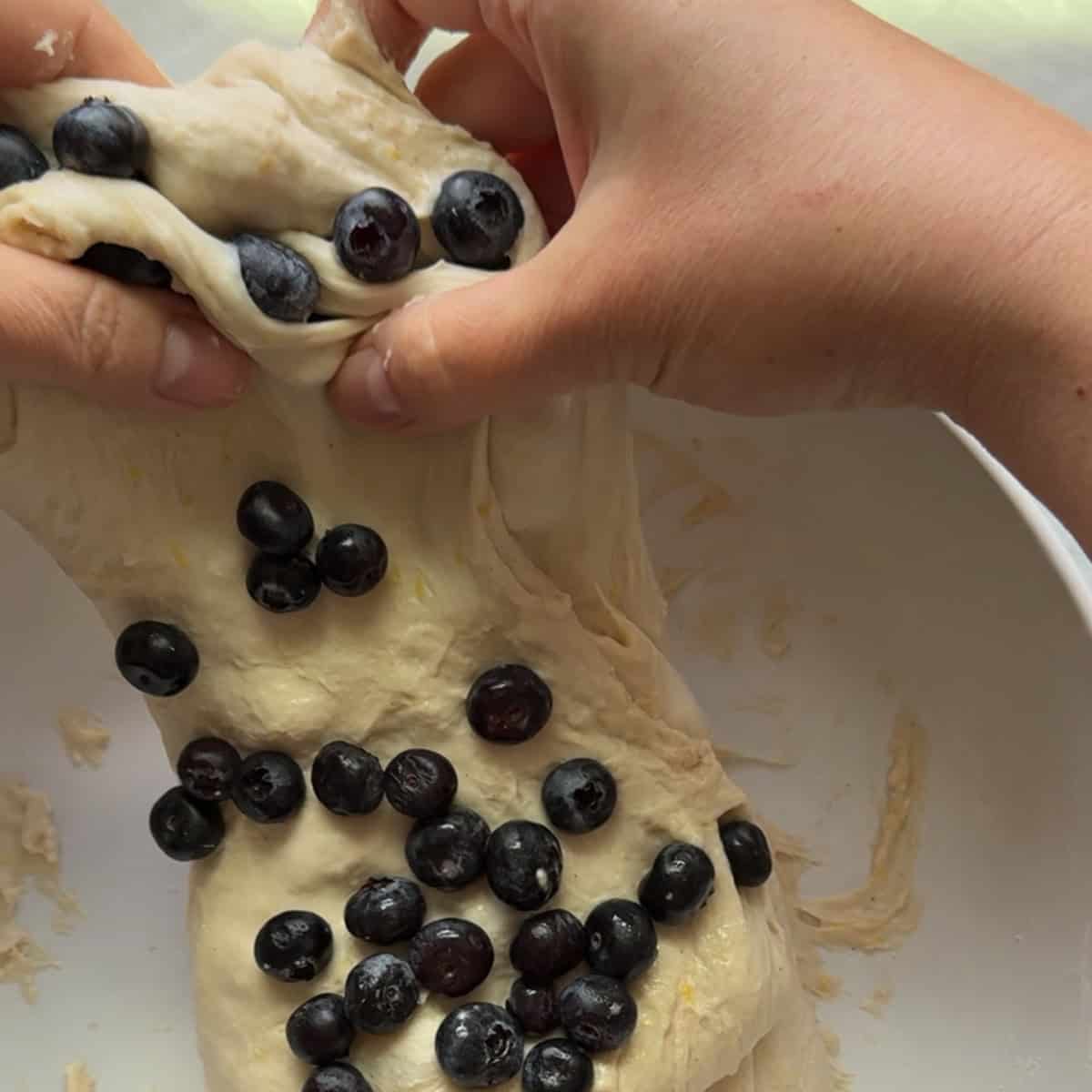 dough full of fresh blueberries being stretch up and out of white bowl.