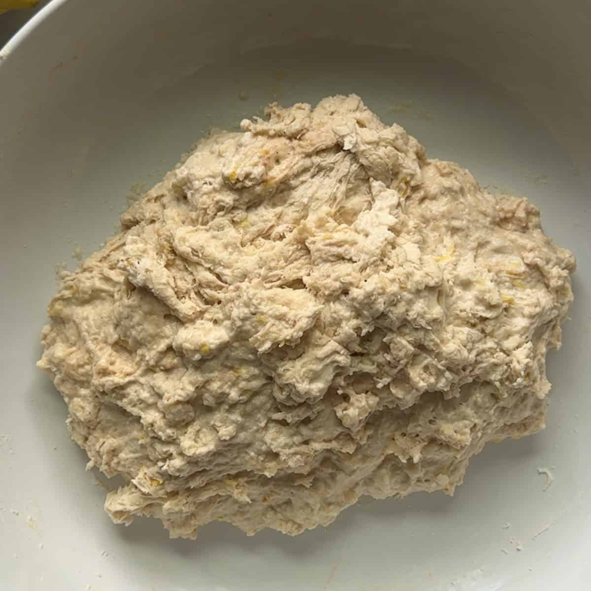 a shaggy dough in a white bowl