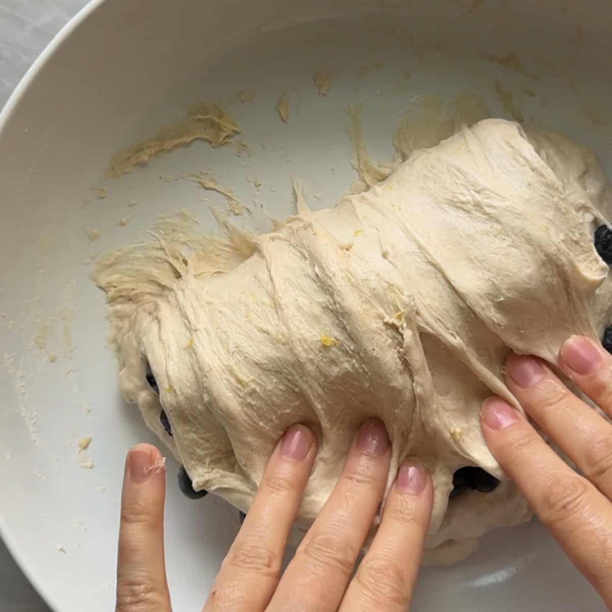 dough being stretched and folded over fresh blueberries