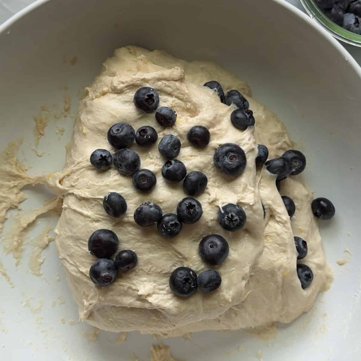 third layer of fresh blueberries added to top of bread dough