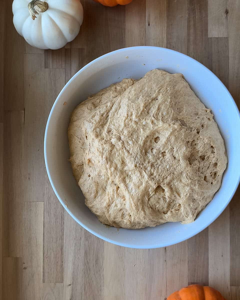 dough in white bowl after rising in refrigerator overnight