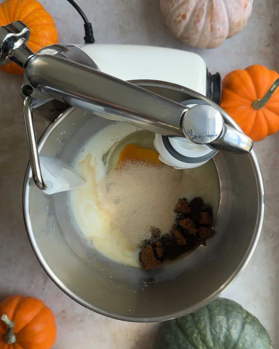 overhead view of wet ingredients in a mixer