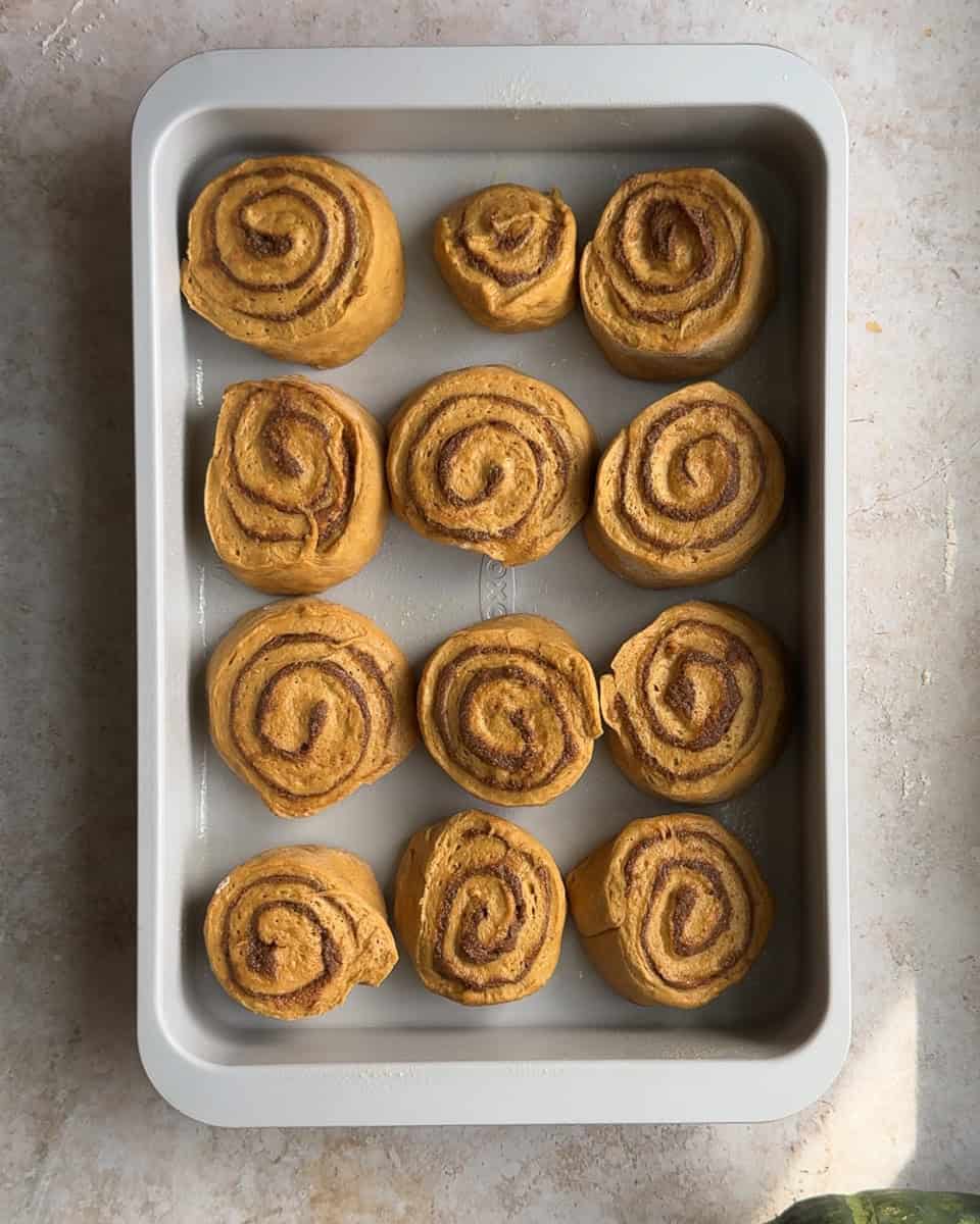 twelve slices of cinnamon roll dough placed in a rectangular baking dish